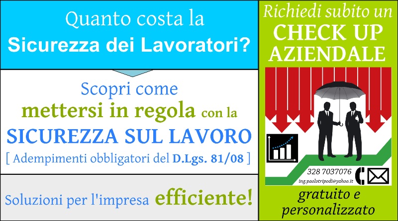 Richiedi un check up gratuito e personalizzato sugli adempimenti obbligatori della sicurezza, salute e igiene sui luoghi di lavoro (D.Lgs. 81/08) della tua impresa, azienda o attività a Firenze, Prato, Pistoia e tutta la Toscana. Faremo un'analisi dettagliata della situazione aziendale, degli adempimenti mancanti e quelli ottemperati e ti consiglieremo le integrazioni da fare per mettersi in regola con il D.Lgs. 81/08. Richiedi una consulenza tecnica gratuita, seria e professionale sulla sicurezza aziendale e dei lavoratori!